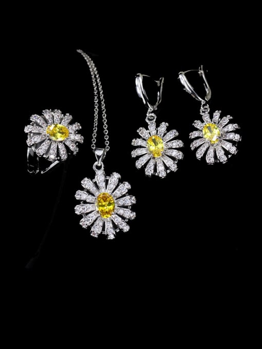 Gold Ring Size 6 Brass Cubic Zirconia Luxury Flower  Earring Ring and Necklace Set