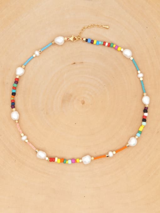 ZZ N200030A Stainless steel Freshwater Pearl Multi Color Round Bohemia Beaded Necklace
