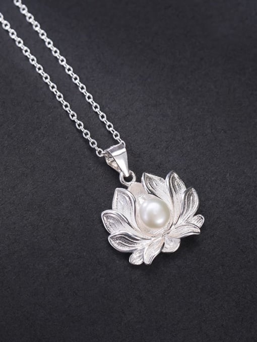 SILVER MI 925 Sterling Silver Imitation Pearl  Vintage Lotus Pendant Necklace 2