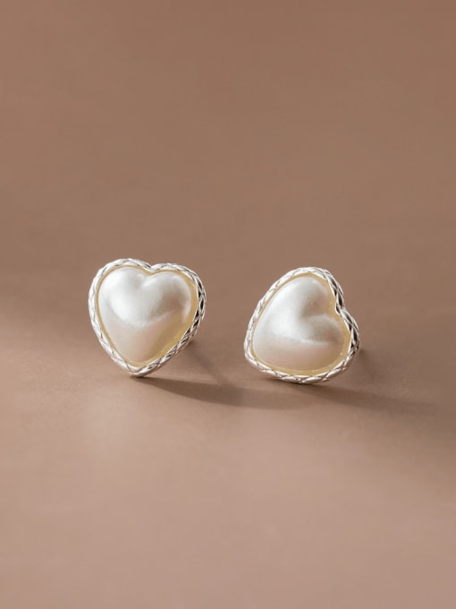 Large 11mm 925 Sterling Silver Imitation Pearl Heart Minimalist Stud Earring