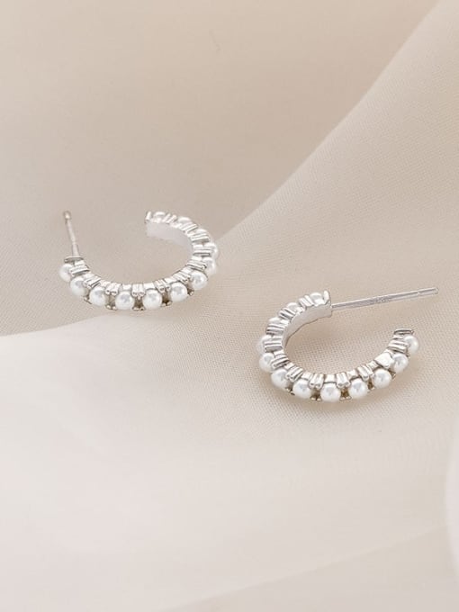 ES1675 【 Platinum 】 925 Sterling Silver Imitation Pearl Geometric Minimalist Stud Earring