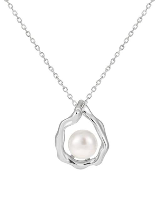 Platinum 925 Sterling Silver Imitation Pearl Geometric Minimalist Necklace