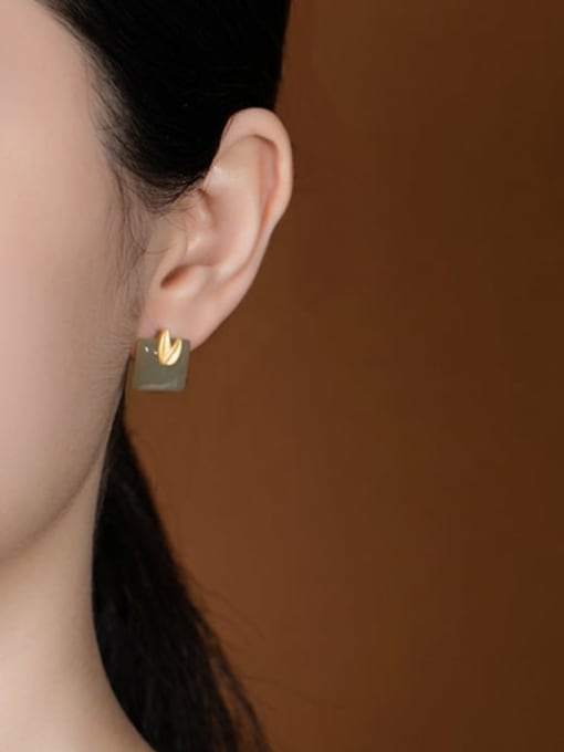 DEER 925 Sterling Silver Jade Square Minimalist Stud Earring 1