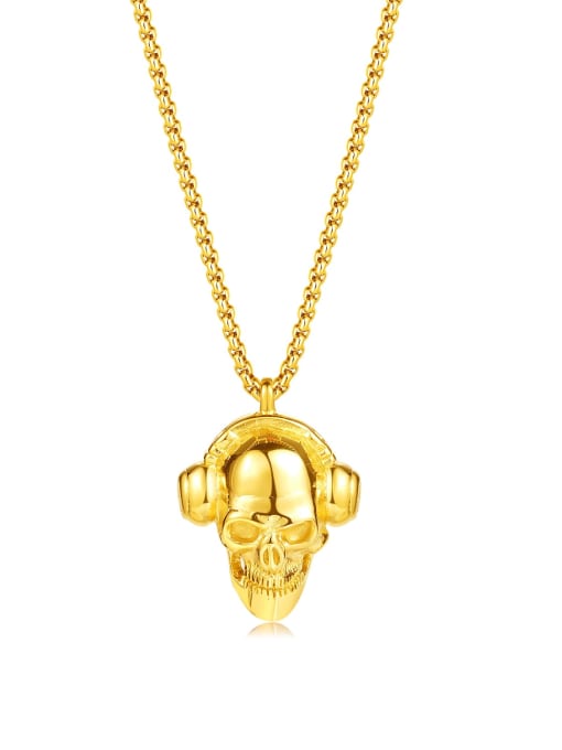 2233 gold pendant+pearl chain 4*70cm Titanium Steel Skull Hip Hop Necklace