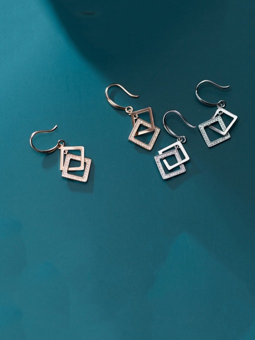 Rosh 925 Sterling Silver White  Minimalist Hollow Geometric Smooth Squares Interlocking  Hook Earrings 3