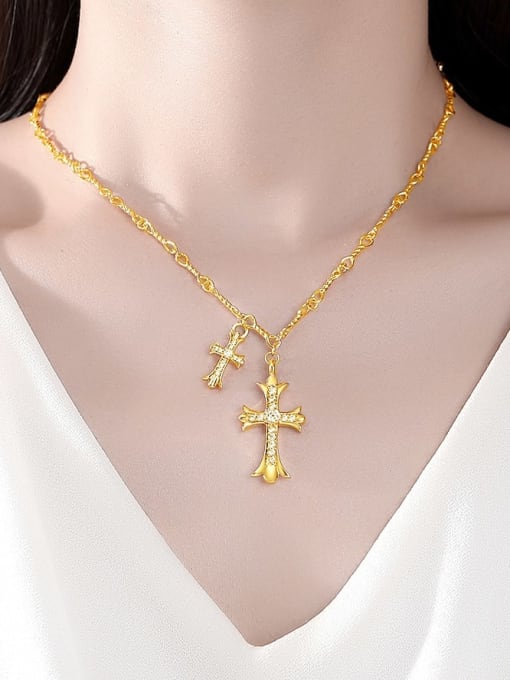 BLING SU Brass Cubic Zirconia Cross Vintage Regligious Necklace 1
