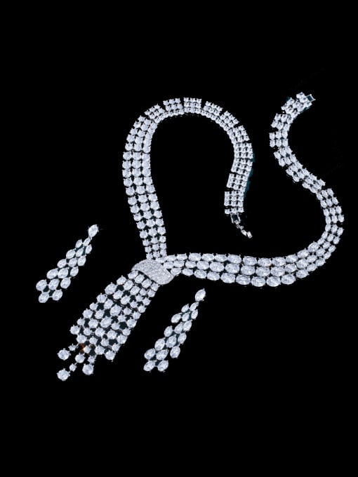 L.WIN Brass Cubic Zirconia Luxury Tassel Earring and Necklace Set 2
