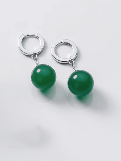 Green Pearl Silver Style 925 Sterling Silver Natural Stone Ball Minimalist Huggie Earring