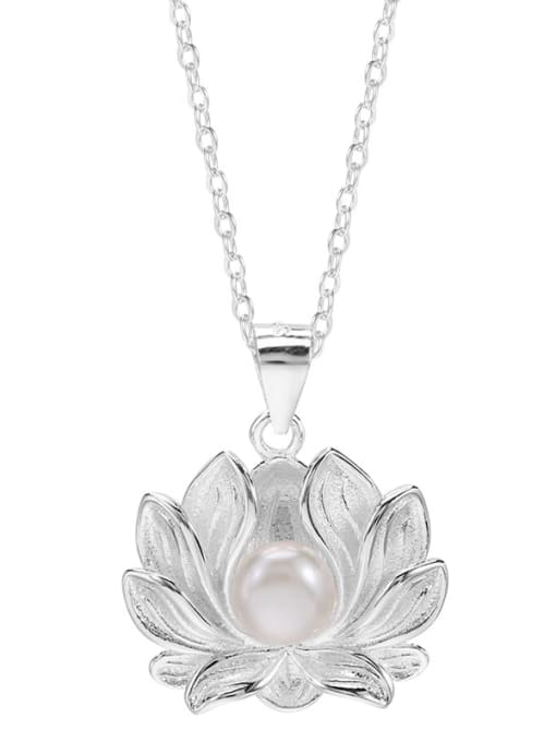 SILVER MI 925 Sterling Silver Imitation Pearl  Vintage Lotus Pendant Necklace 3