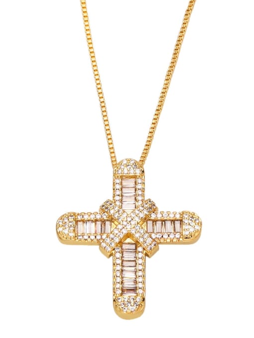 golden Brass Cubic Zirconia Cross Hip Hop Regligious Necklace