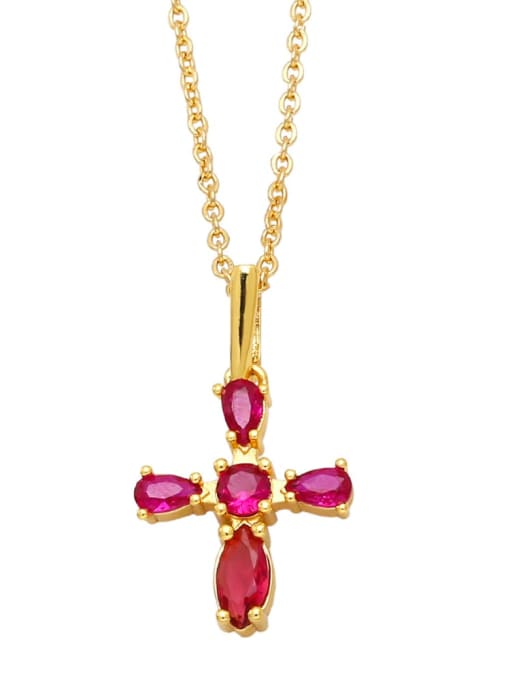 Rose red Brass Cubic Zirconia Cross Vintage Regligious Necklace