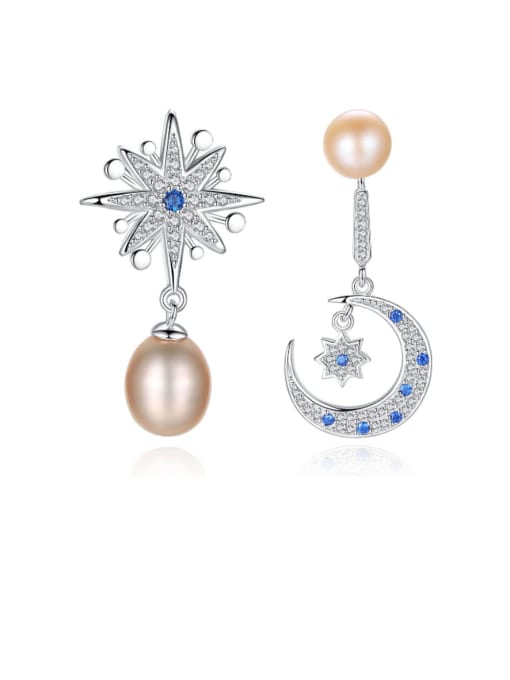 CCUI 925 Sterling Silver Fashion Asymmetric Snowflake Moon Freshwater Pearl Drop Earring 0