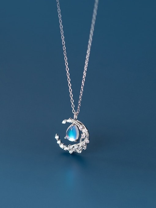 Rosh 925 Sterling Silver Cubic Zirconia Water Drop Minimalist  Moon Pendant Necklace
