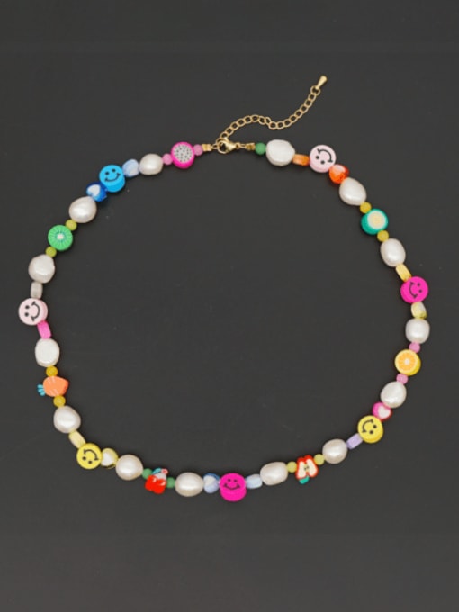 MMBEADS Stainless steel Freshwater Pearl Multi Color Polymer Clay Smiley Bohemia Necklace 1