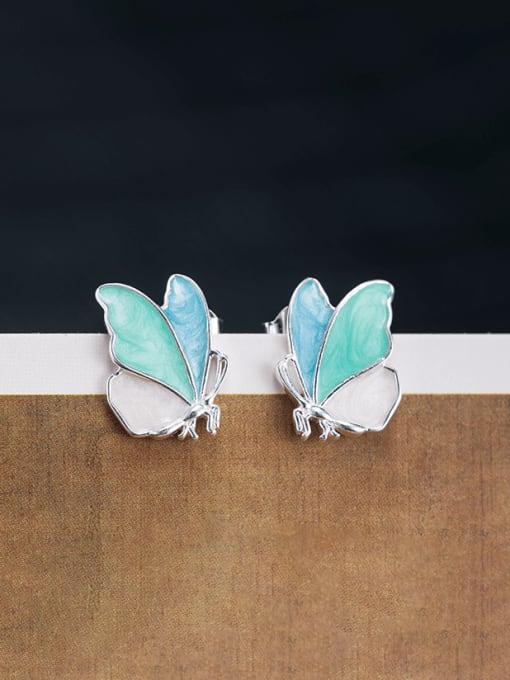 SILVER MI 925 Sterling Silver Enamel Butterfly Trend Stud Earring 1