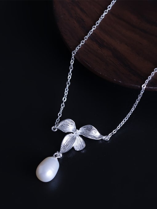 SILVER MI 925 Sterling Silver Freshwater Pearl Flower Vintage Necklace 1