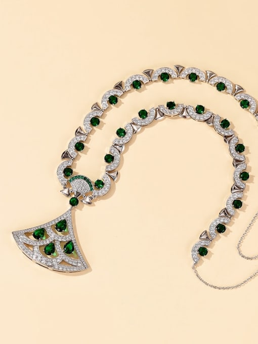 White  K Green Brass Cubic Zirconia Leaf Luxury Necklace