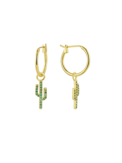 Gold Cactus Green Zircon Earrings Brass Rhinestone Irregular Minimalist Huggie Earring