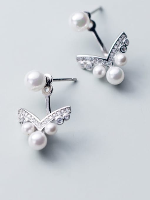 Rosh S925 silver simple diamond V-shaped  Imitation Pearl  Earrings 3
