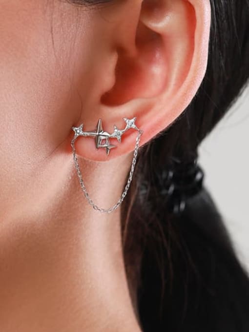MODN 925 Sterling Silver Cubic Zirconia Asymmetric Pentagram Tassel Minimalist Stud Earring 1