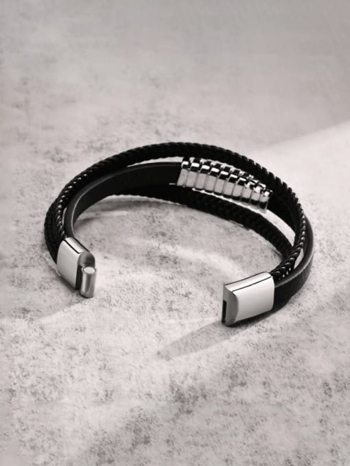 black Stainless steel Artificial Leather Geometric Hip Hop Strand Bracelet