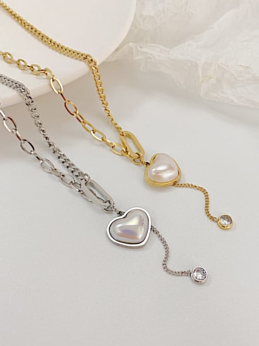 Open Sky Titanium Steel Imitation Pearl Heart Minimalist Tassel Necklace 1