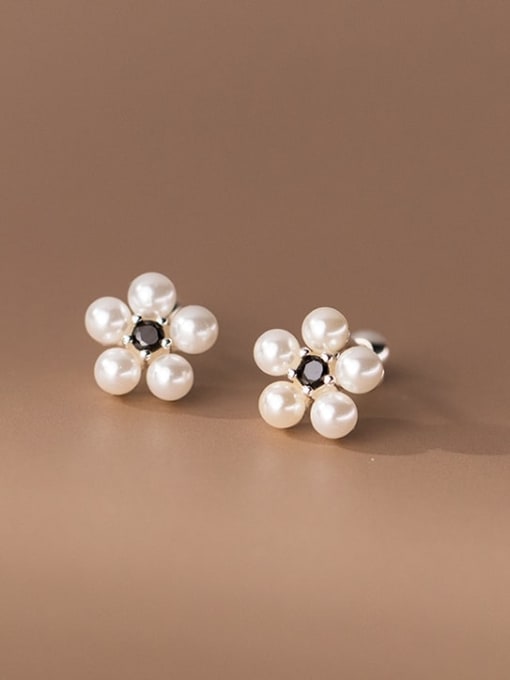 Thread Black Diamond 925 Sterling Silver Imitation Pearl Flower Cute Stud Earring