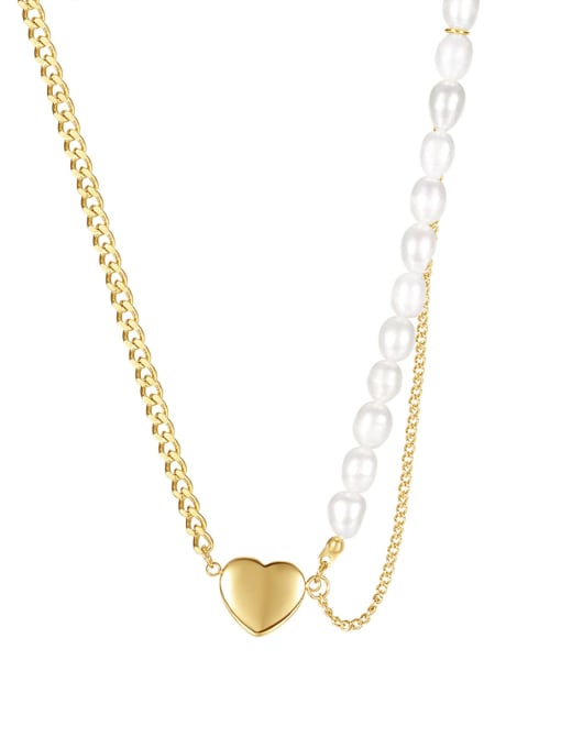 2084 gold Titanium Steel Imitation Pearl Heart Minimalist Multi Strand Necklace
