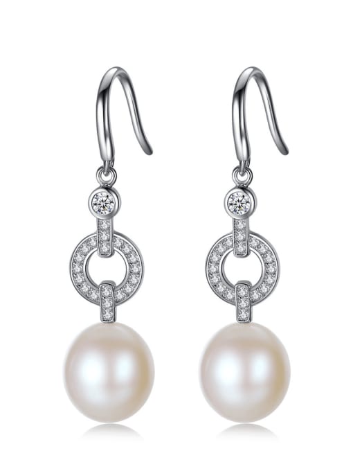 CCUI 925 Sterling Silver Freshwater Pearl Hollow Geometric Classic Hook Earring 0