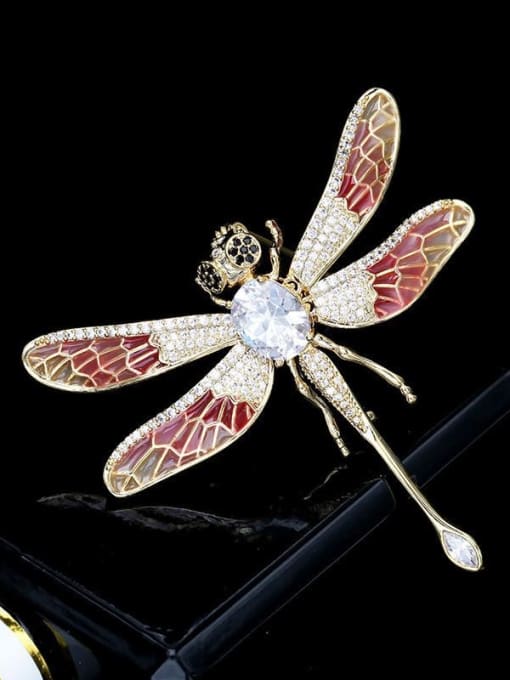 Golden pink wings Brass Cubic Zirconia Dragonfly Statement Brooch