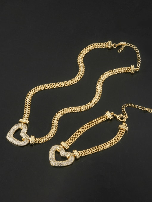Gold Bracelet Brass Cubic Zirconia Luxury Heart  Bracelet and Necklace Set