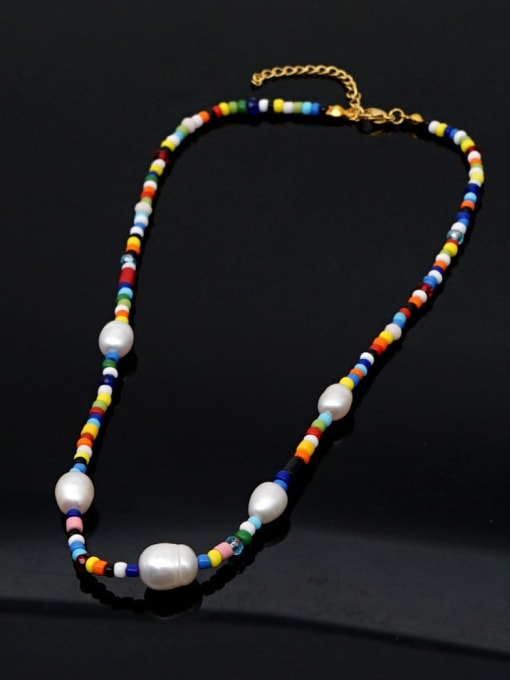 QT N200004A Stainless steel Freshwater Pearl Multi Color Round Bohemia Necklace