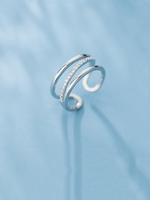 Rosh 925 Sterling Silver With Platinum Plated Simplistic Multilayer Lines  Free Size Rings 0