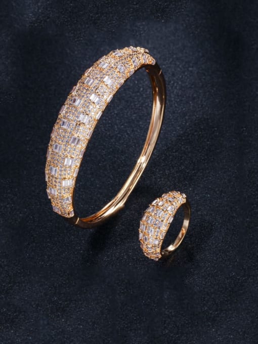 Gold US 7 Brass Cubic Zirconia Luxury Geometric  Ring and Bangle Set