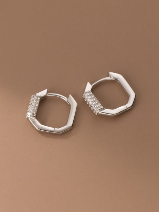 silver 925 Sterling Silver Hexagon Minimalist Huggie Earring