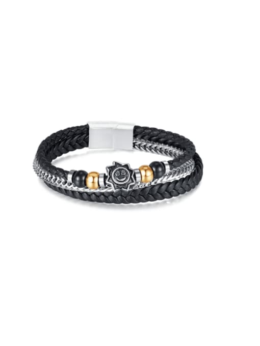 PH1552 Stainless steel Artificial Leather Weave Hip Hop Strand Bracelet