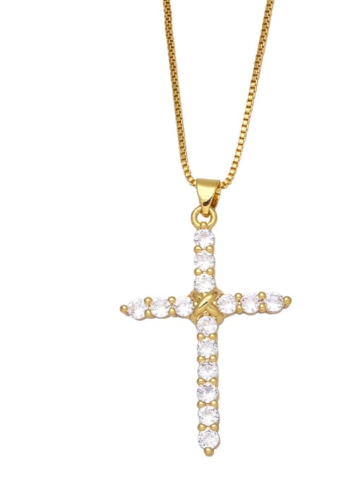 A Brass Cubic Zirconia Cross Vintage  Round Pendant Necklace
