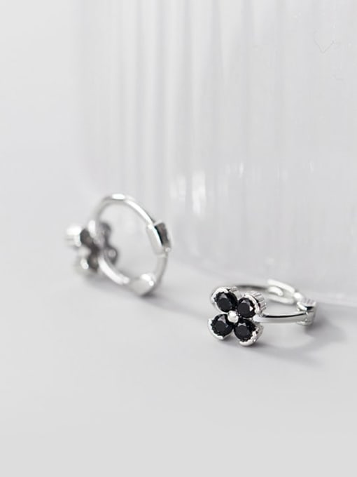 Silver+ Black 925 Sterling Silver Cubic Zirconia Flower Dainty Huggie Earring