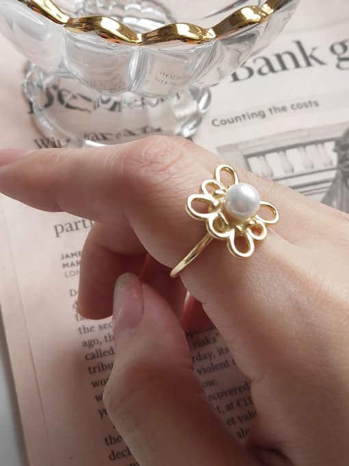 Boomer Cat 925 Sterling Silver Imitation Pearl Hollow  Flower Minimalist Free Size Band Ring 2