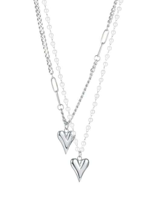 2073 steel Titanium Steel Imitation Pearl Heart Minimalist Multi Strand Necklace