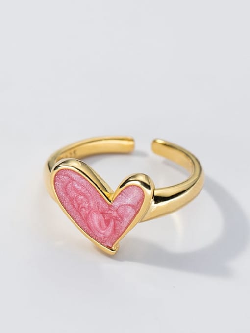 Pink Gel (Gold) 925 Sterling Silver Enamel Heart Minimalist Band Ring