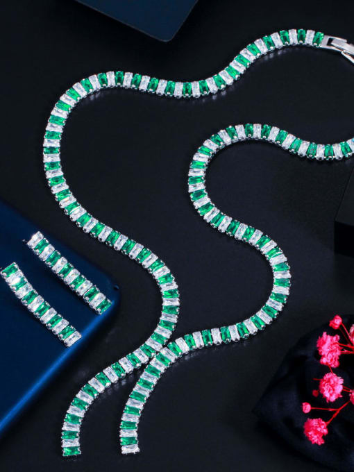 green Brass Cubic Zirconia  Luxury Tassel Earring and Necklace Set