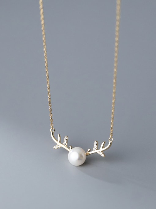 Gold 925 Sterling Silver Imitation Pearl Deer Minimalist Necklace