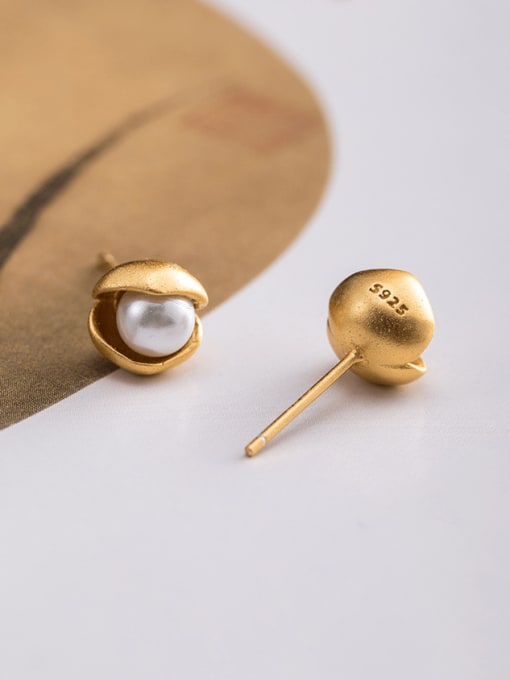 SILVER MI 925 Sterling Silver Imitation Pearl Flower Minimalist Stud Earring 2