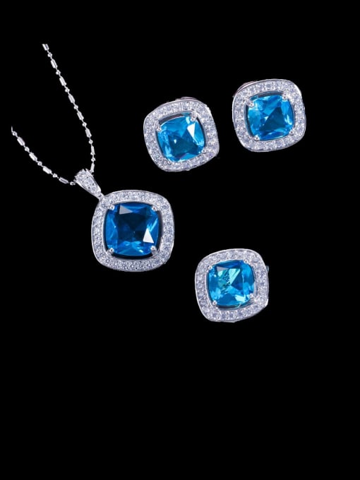 Sea Blue Ring US  8 Brass Cubic Zirconia Minimalist Square Earring Ring and Necklace Set