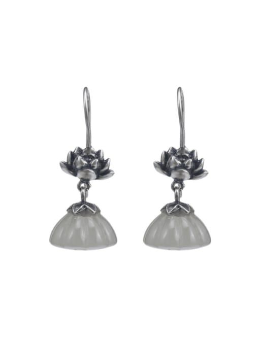 SILVER MI 925 Sterling Silver Jade Flower Vintage Drop Earring