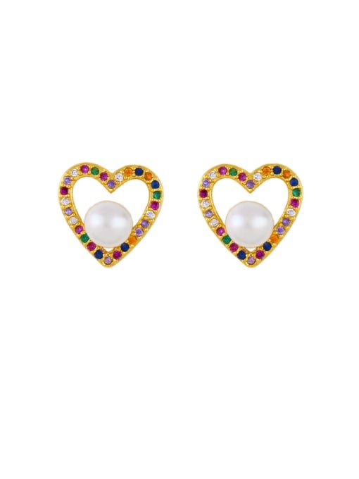 CC Brass Imitation Pearl Heart Ethnic Stud Earring 0