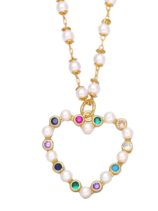 CC Brass Imitation Pearl Heart Vintage  Smiley Pendnat Necklace