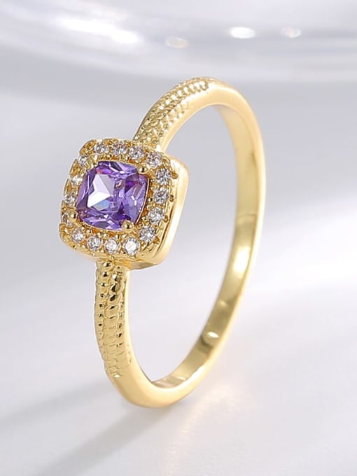 Gold Set Purple Zircon Ring Brass Cubic Zirconia Geometric Minimalist Band Ring