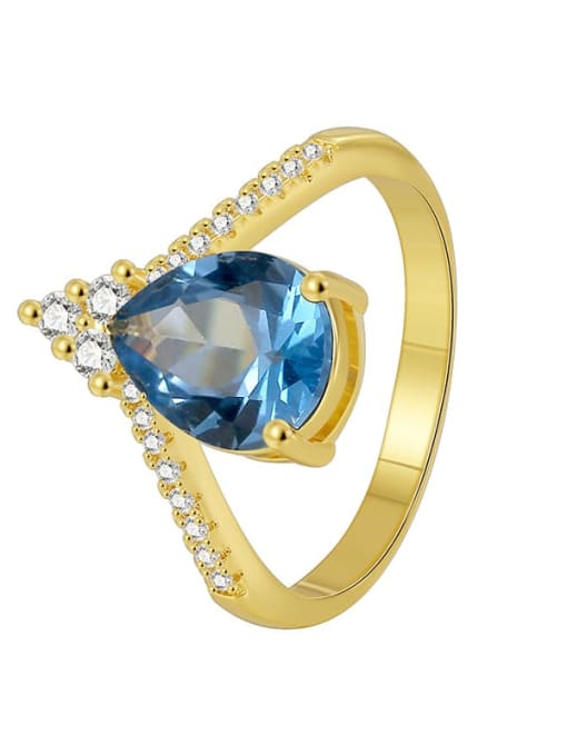 Gold Droplet Blue Zircon Ring Brass Cubic Zirconia Heart Minimalist Band Ring